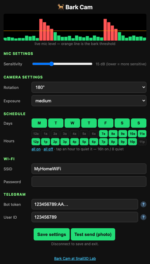 The Bark Cam config UI on a phone — live mic level with bark threshold, sensitivity, camera and Telegram settings