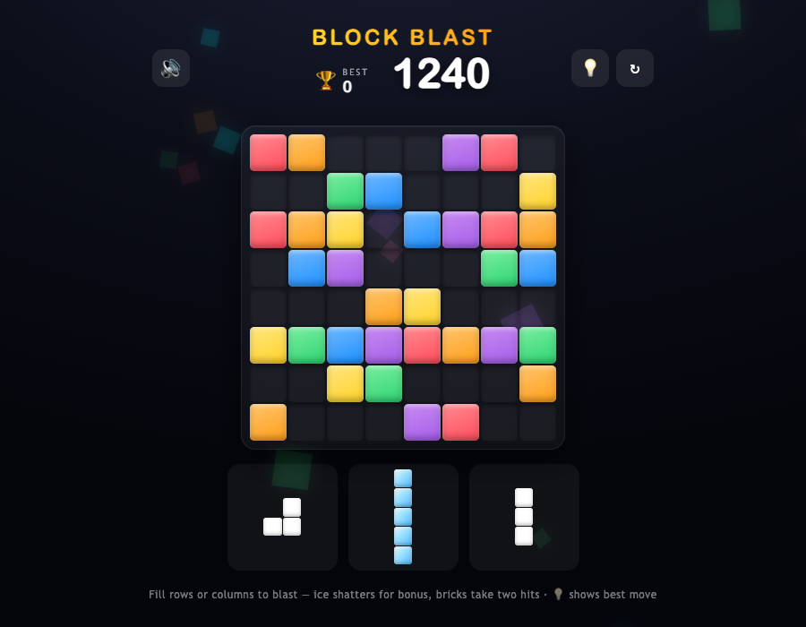 Block Blast — colorful blocks on an 8×8 grid, score 1240